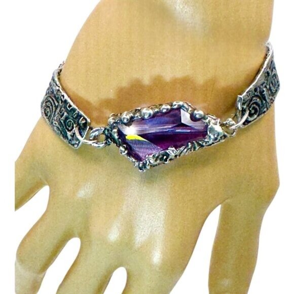 Amethyst Boho Chunky Crystal Handmade Bracelet With Intricate Artisan Metalwork - Picture 9 of 14